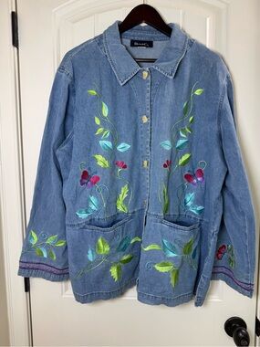 Denim & Co. Women's Embroidered Denim Jacket Floral & Butterfly Blue